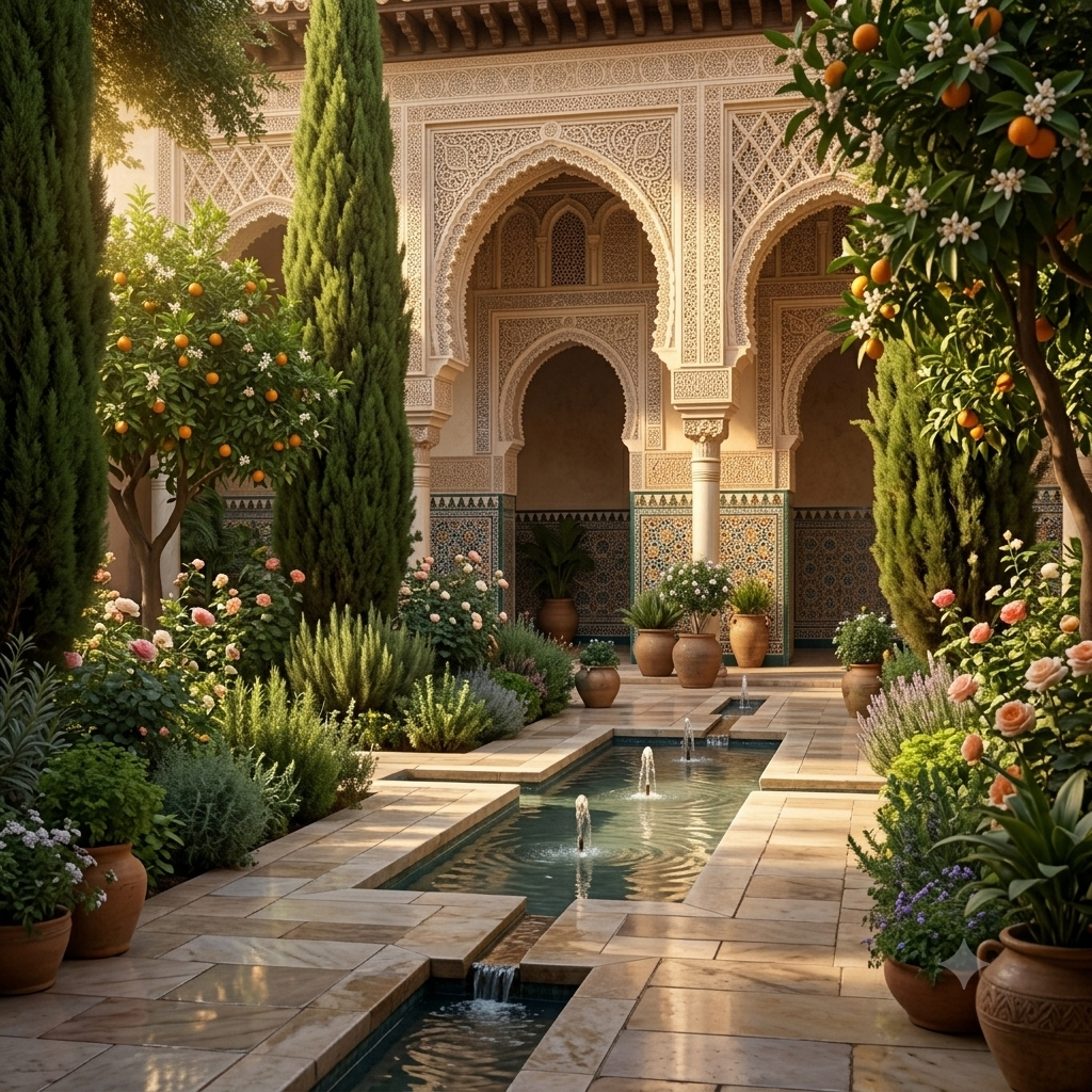 Moorish palace courtyard with horseshoe arches and zellige tiles in Al-Andalus