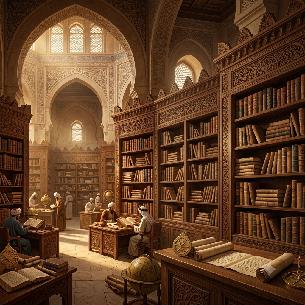 Interior of the Baghdad House of Wisdom with Islamic arches and golden light
