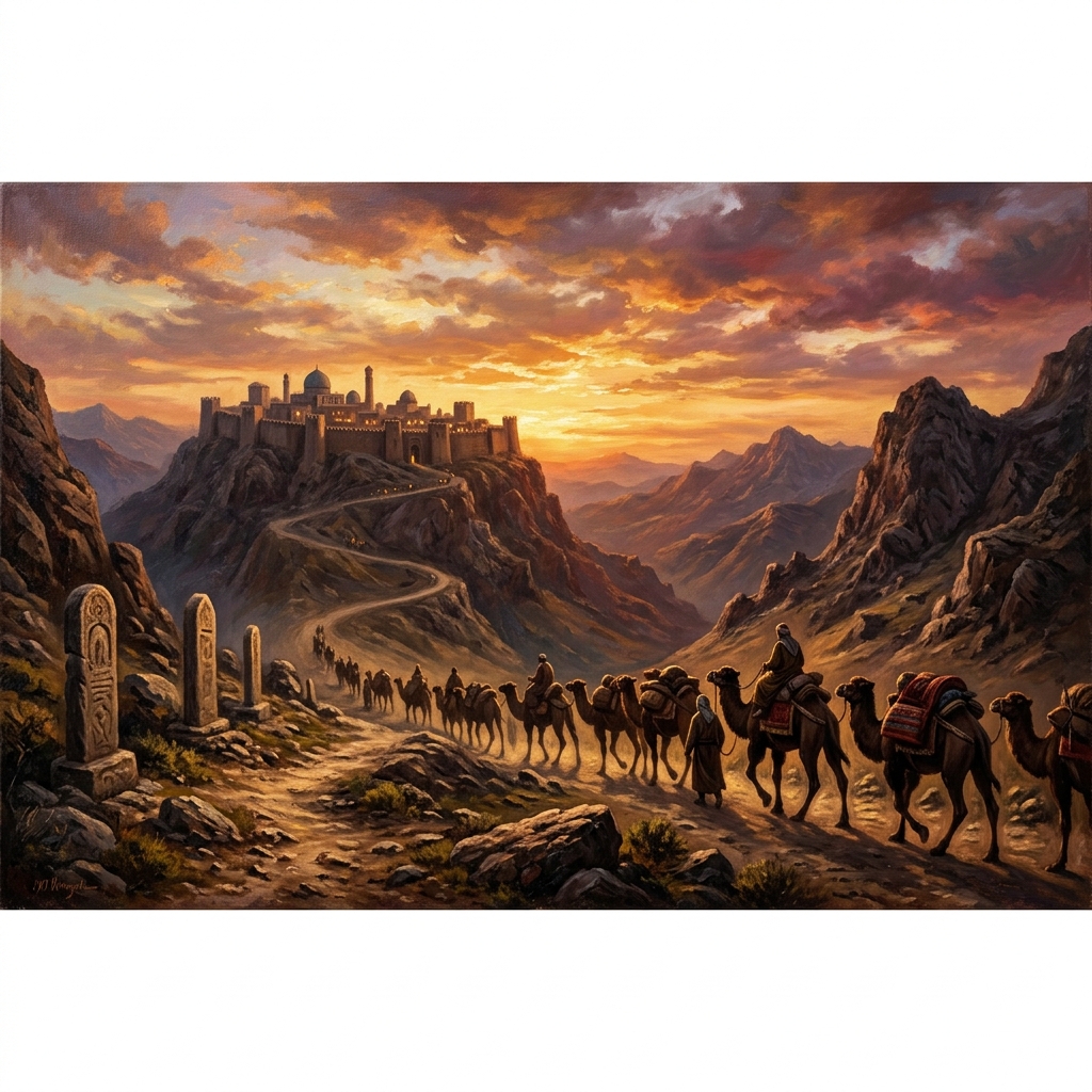 Ancient Silk Road caravan route through mountain passes at sunset