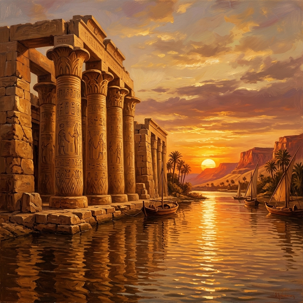 Ancient Egyptian temples with massive stone columns along the Nile at sunset